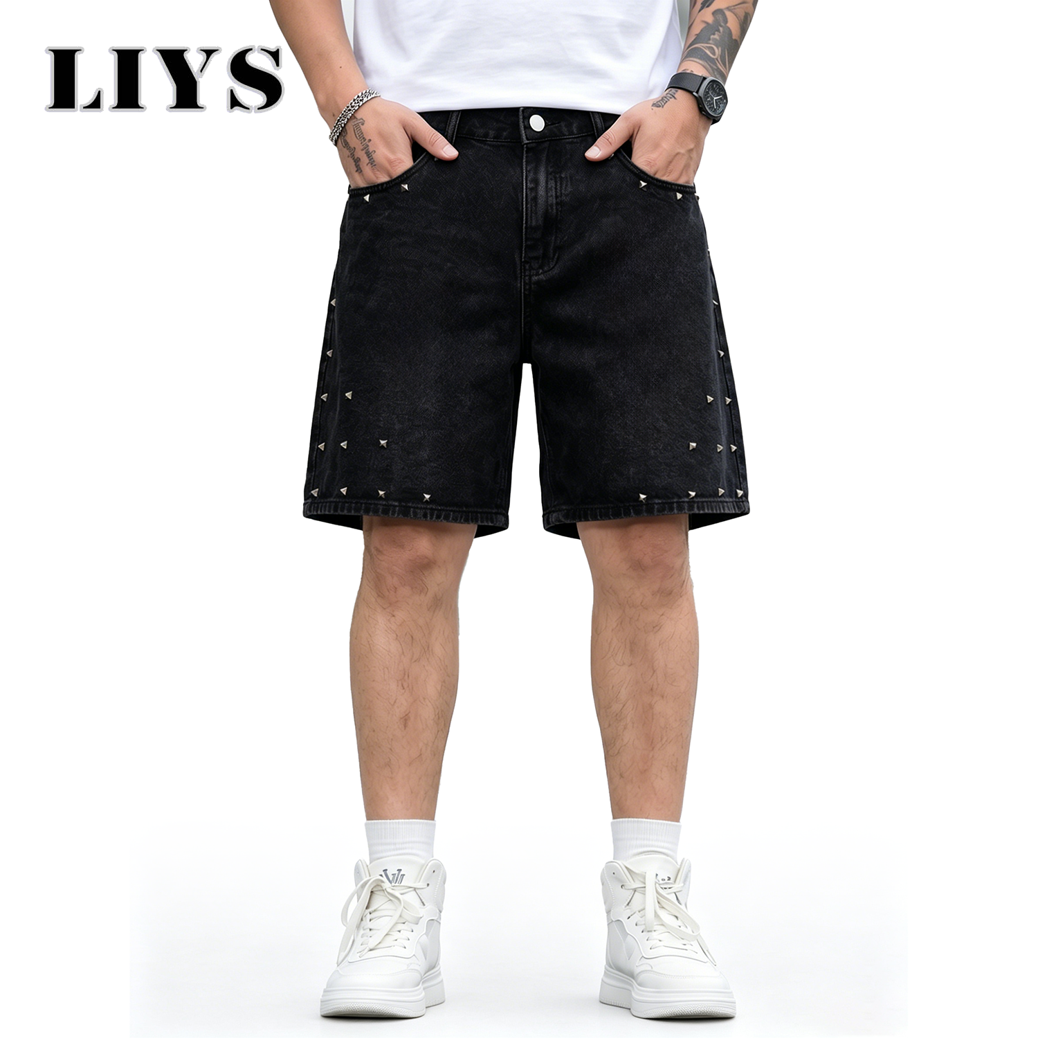 LIYS Men's Vintage Black Rivet - Streetwear Brand Jorts ulasan dan harga