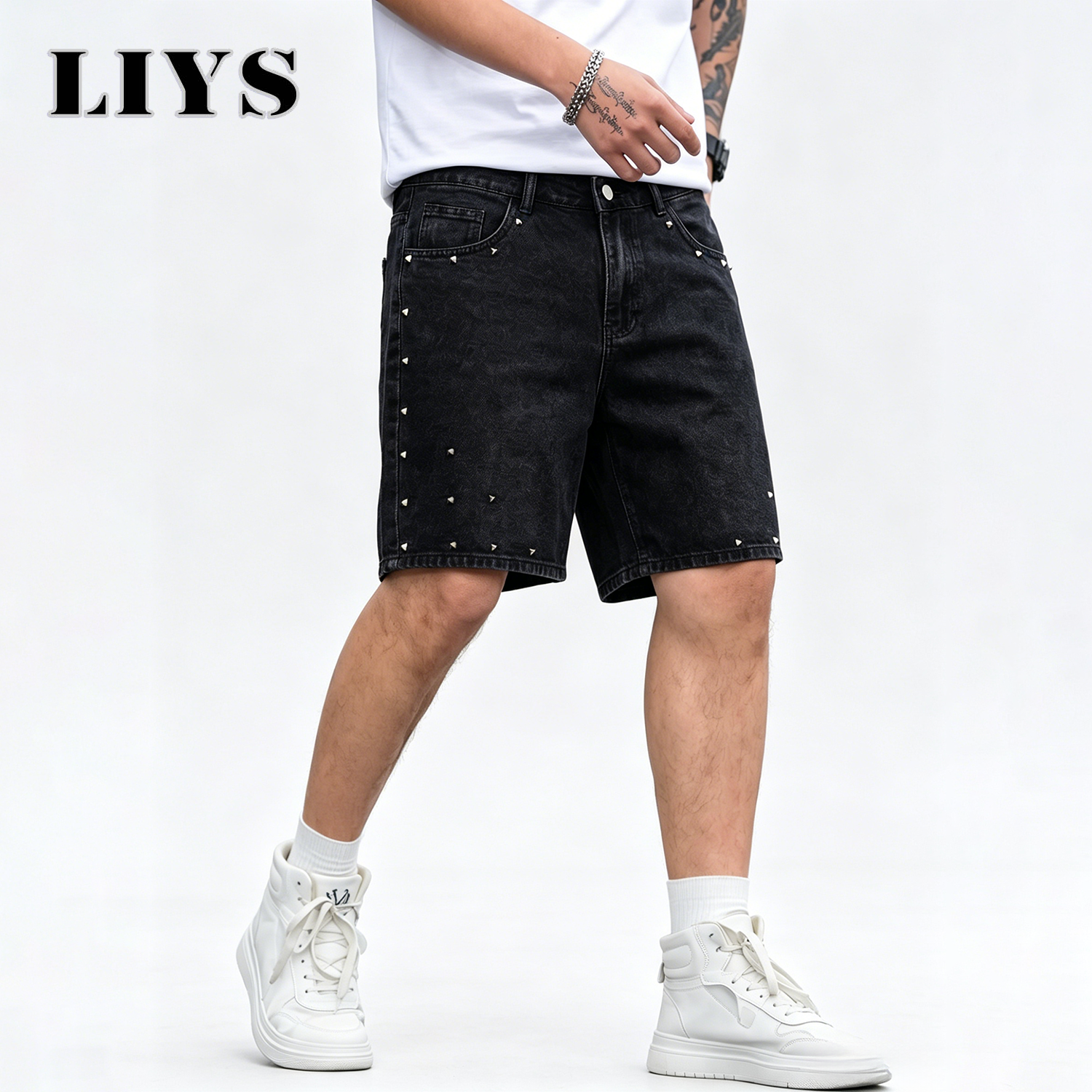 LIYS Men's Vintage Black Rivet - Streetwear Brand Jorts ulasan dan harga