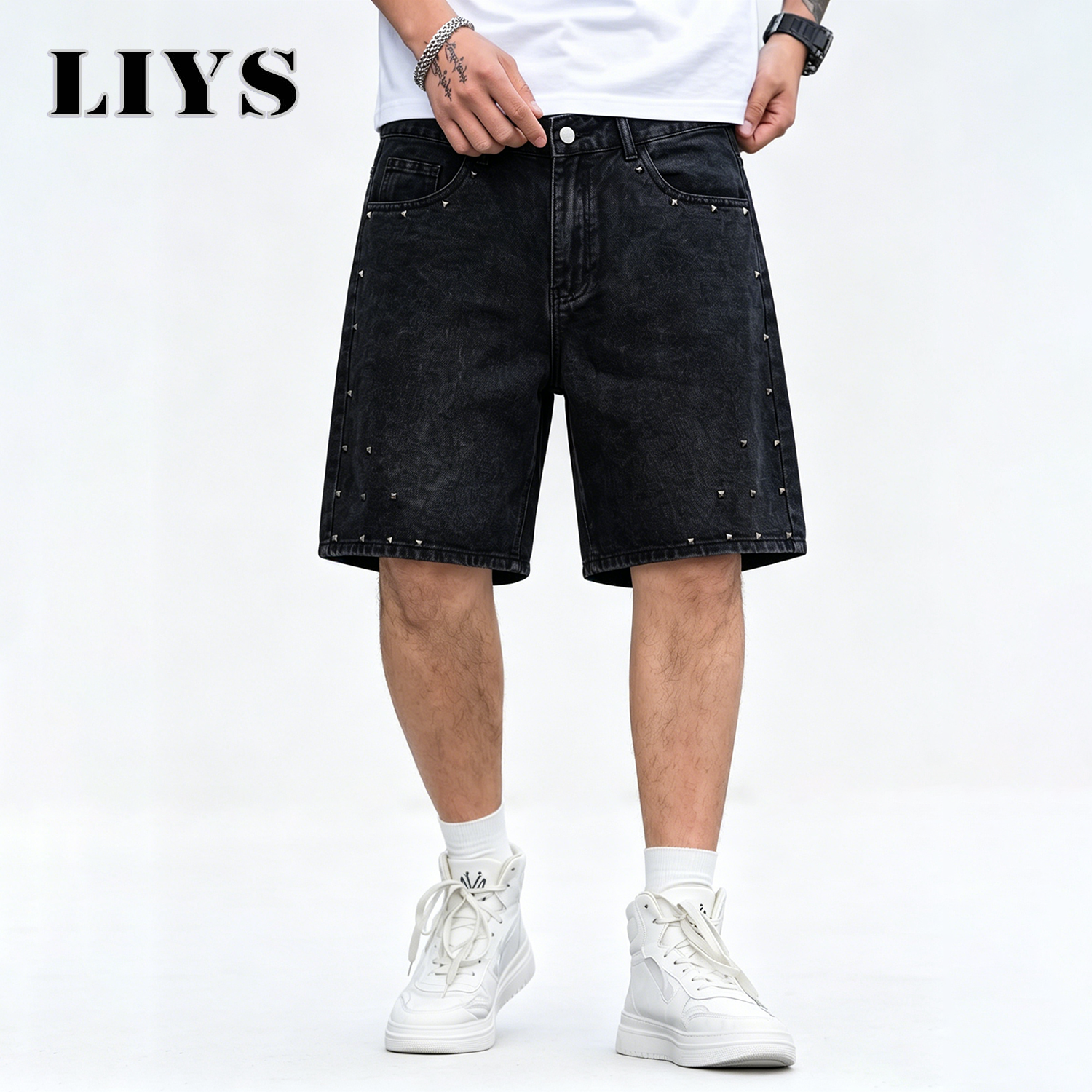 LIYS Men's Vintage Black Rivet - Streetwear Brand Jorts ulasan dan harga